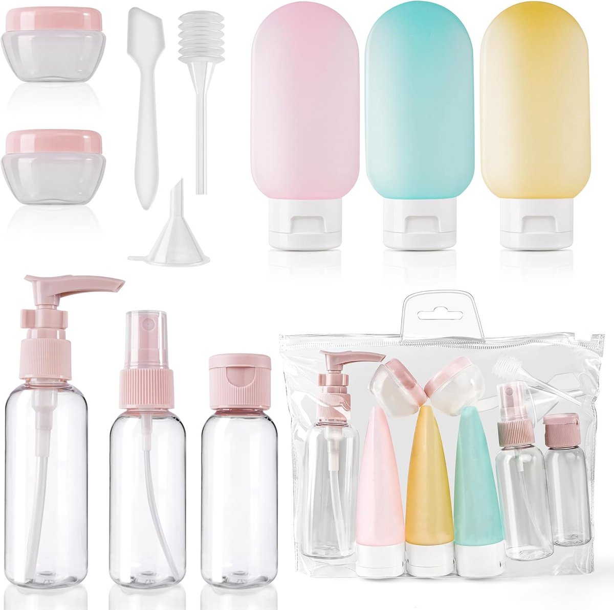 SnelShoppen - Pack van 11 Reisbottles Silicone Cosmetische Flessen Set 30/50/60/80 ml voor Toiletten, Shampoo, Spray, Inclusief Pomp Dispenser, Reisac