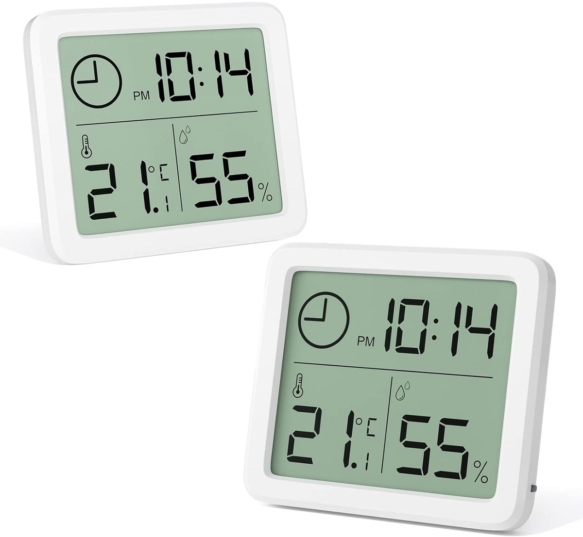 SnelShoppen - 2 Pack Mini Digitale Thermometer Hygrometer - Draagbaar met Groot Display en Klok - Nauwkeurige Witte Thermometer voor Thuis, Babykamer,