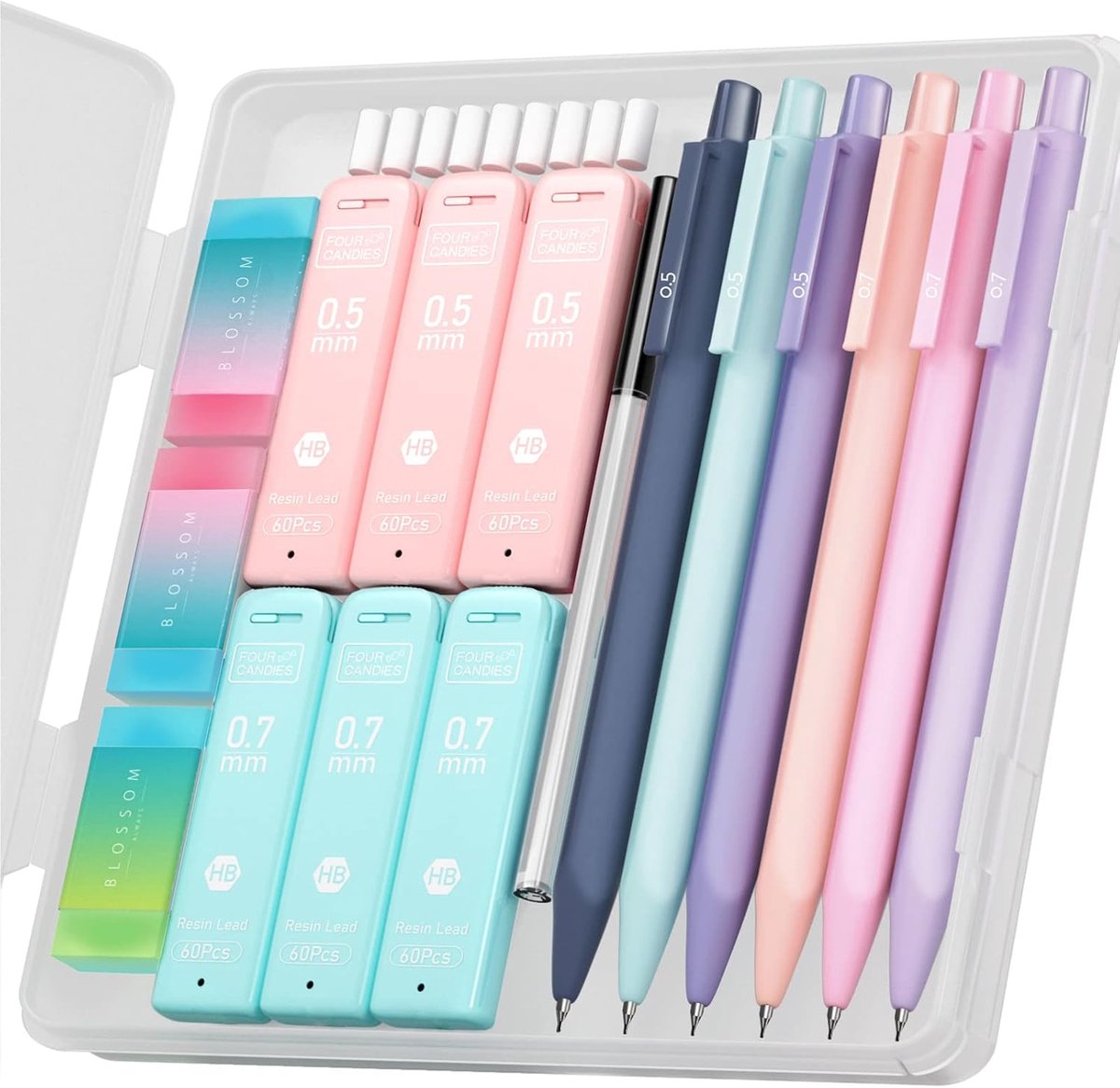 SnelShoppen - Four Candies Vulpotlodenset met 6 Mechanische Potloden 0,5 & 0,7 mm, 360 HB Vullingen, 3 Gummen, Esthetisch Schrijfgerei voor School, Ka
