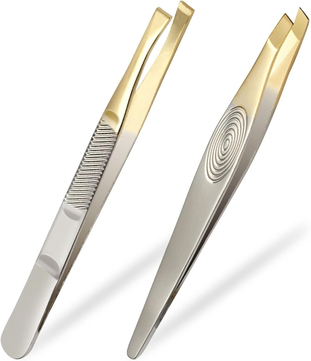 SnelShoppen - Set van 2 Rvs Tweezers voor Mannen en Vrouwen - Precisie Wenkbrauw Epilatie - Splinter Verwijdering - Goudgeplateerd 87 mm