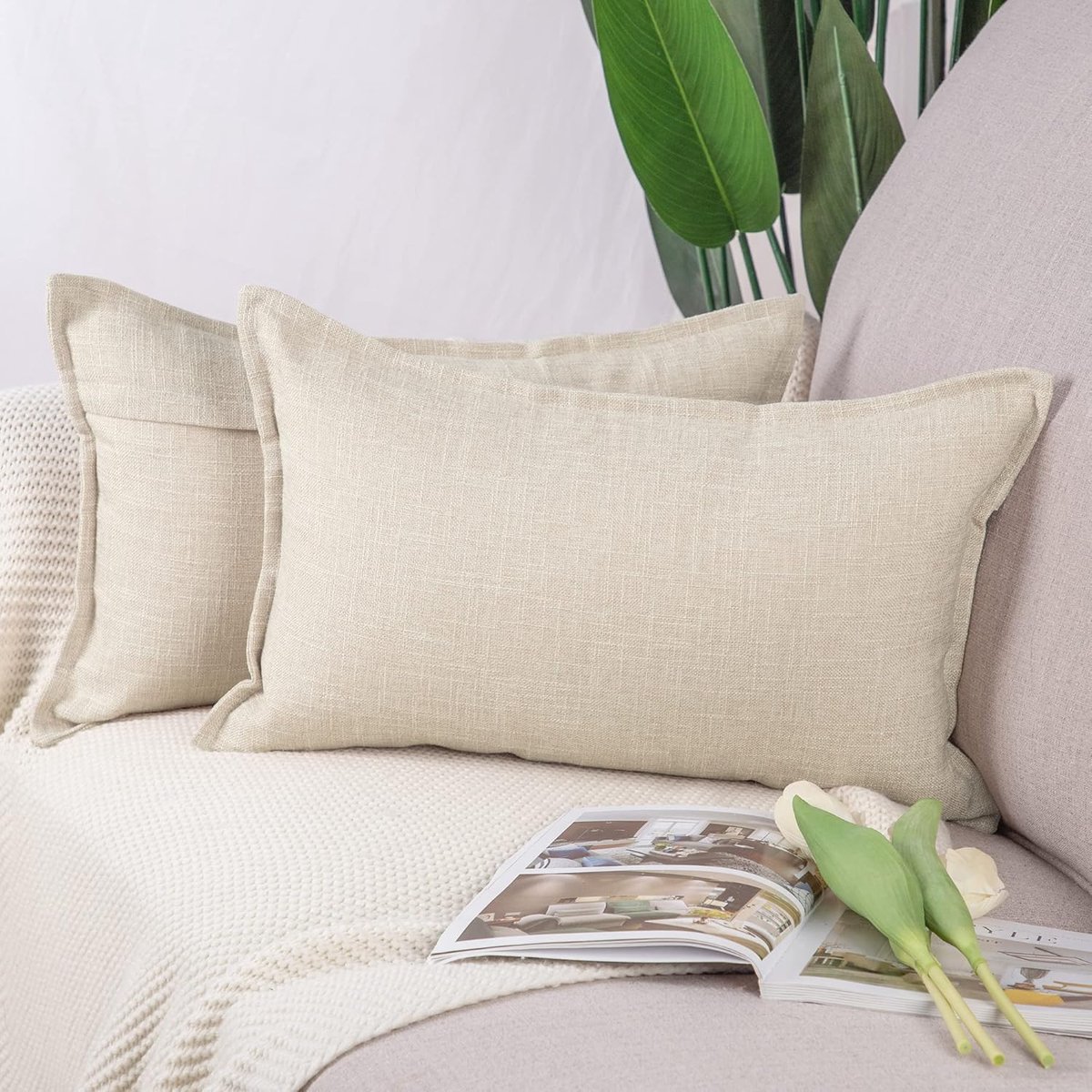 SnelShoppen - Set van 2 Imitatie Linnen Kussenslopen 40x60cm - Zachte Decoratieve Kussenhoezen voor Sofa en Slaapkamer - Licht Beige - Duurzaam Polyes