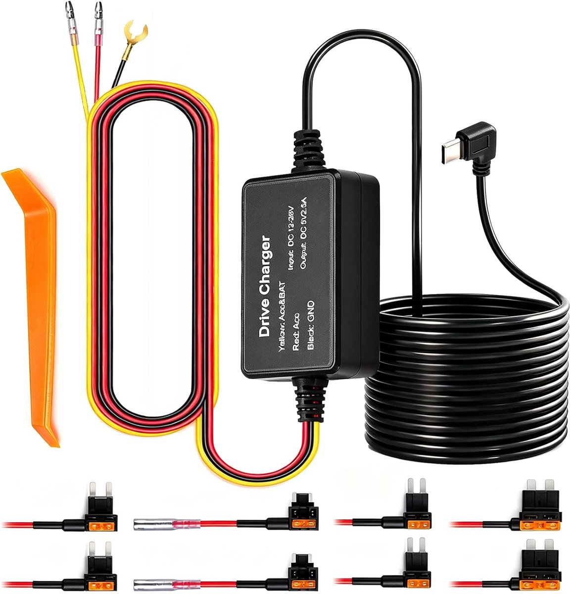 SnelShoppen - Dashcam Hardwire Kit 12V-24V naar 5V USB-C met Laagspanningsbeveiliging - 3,2 m Dashcam Kabel voor 24 Uur Parkeerbewaking - Acc-zekering