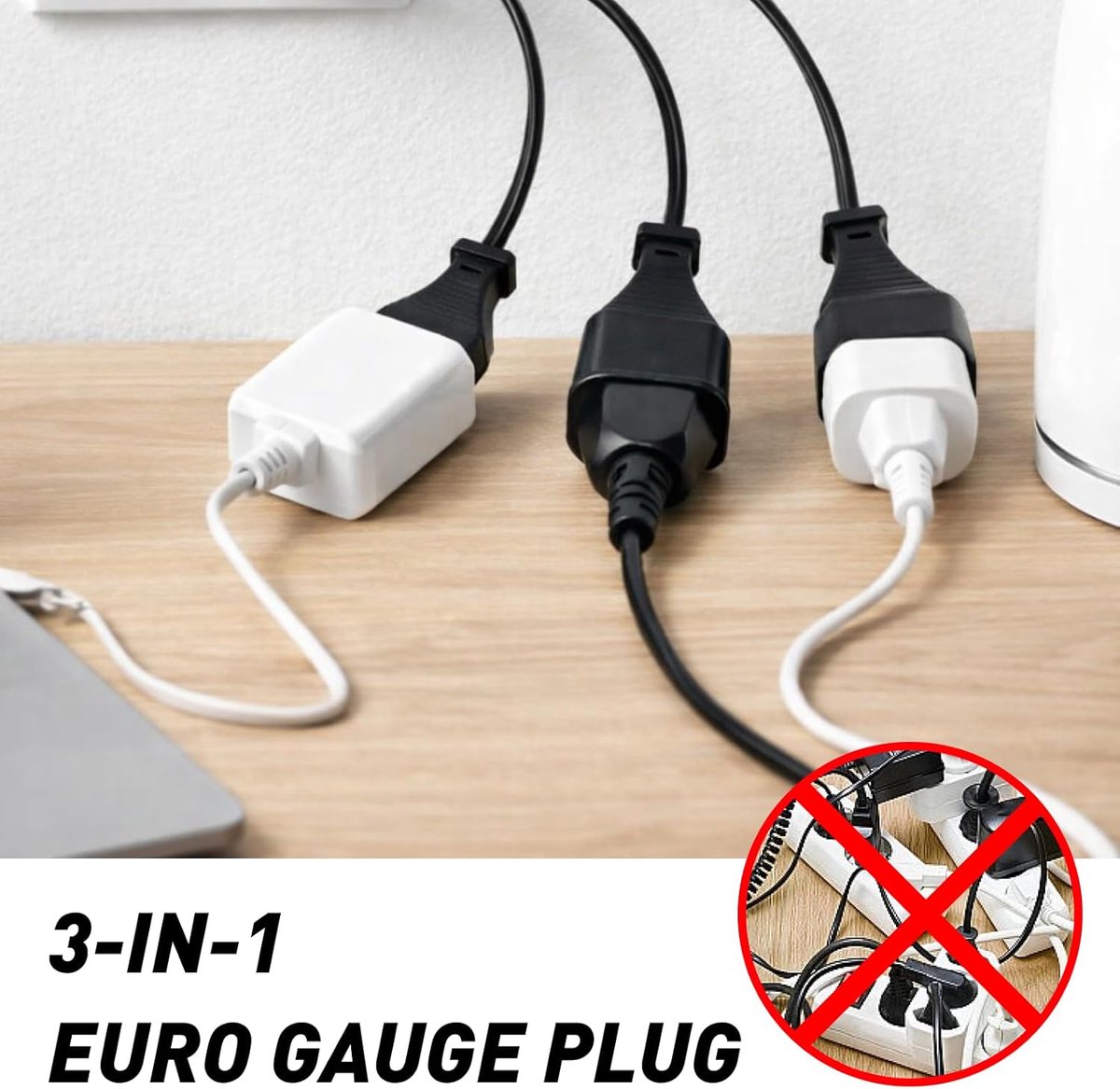 SnelShoppen - 3-in-1 Stekkerdoos met Platte Stekker, Euro Plug Verdeelstekker, Flexibele Kabel, Dunne Verlengkabel 1M, Socket Adapter 250V voor TV, PC