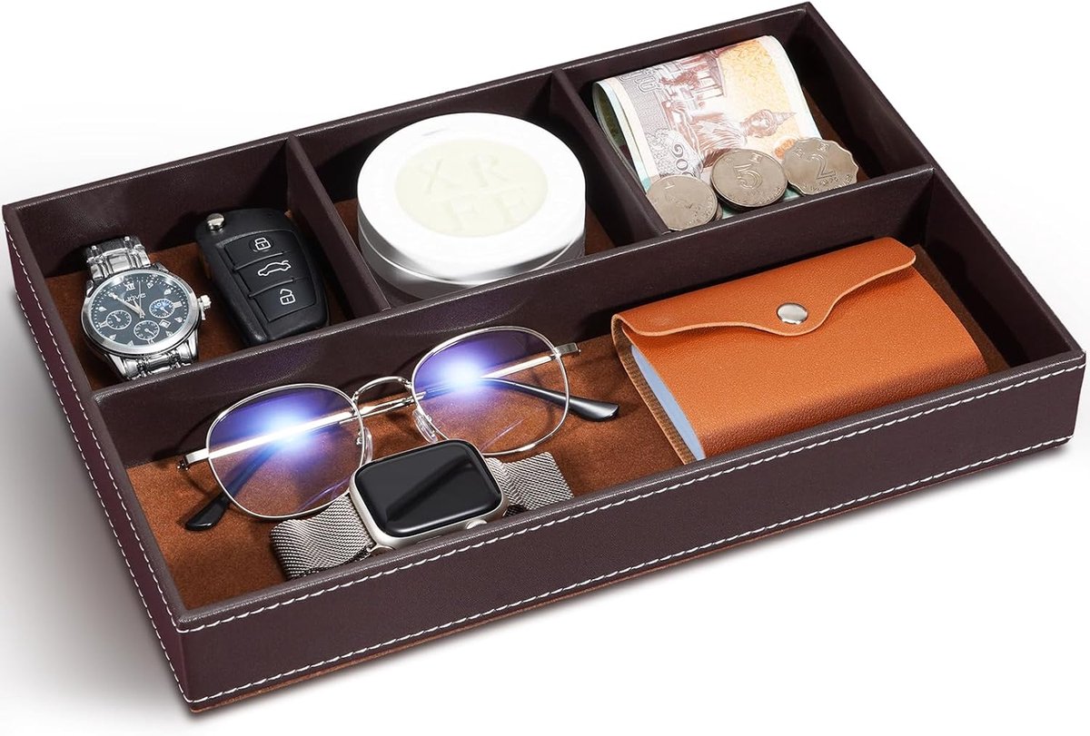 Thijox - Luxe Leer Dienblad - Valet Dienblad voor Bureau, Nachtkastje, Organizer voor Herenaccessoires, Bruin, Ideaal voor Munten, Sleutels, Sieraden,