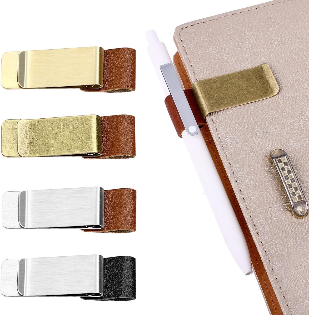 SnelShoppen - TIESOME PU Leather Retro Notitieboek Pen Loop Houder, 4 Stuks met Clips voor Dagboek, Planner, Clipboard, Kantoor, Past bij de Meeste Pe