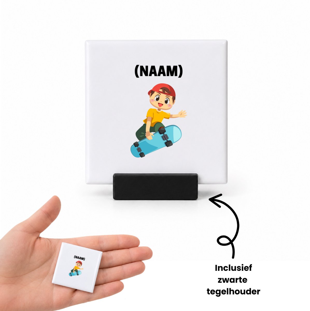 Hacebo Skateboarden met eigen naam tegeltje met tegelhouder - Sport - Skateboarder - tegeltjes met tekst - Skaten - spreuktegels - 4.8x4.8 CM Wit