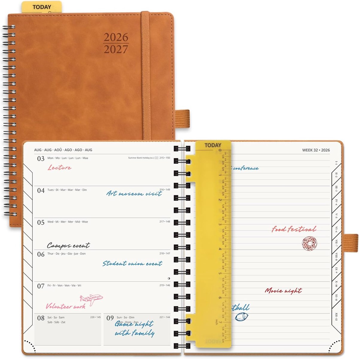 SnelShoppen - 17-Maanden Agenda 2026 2027, Weekplanner, Notitieboek, 22 x 16.5 cm, Zacht Spiral Binding, Maandtabs, 80 GSM Papier, Bruin, Voor Efficië