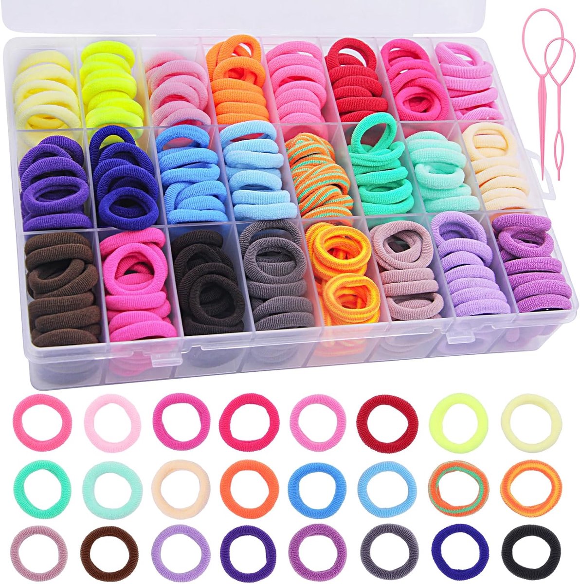 Thijox - Haarelastiek voor meisjes, 408 stukjes in 24 kleuren met organizer, mini-haarelastiekjes voor kinderen, perfect voor feestjes, dagelijkse sty