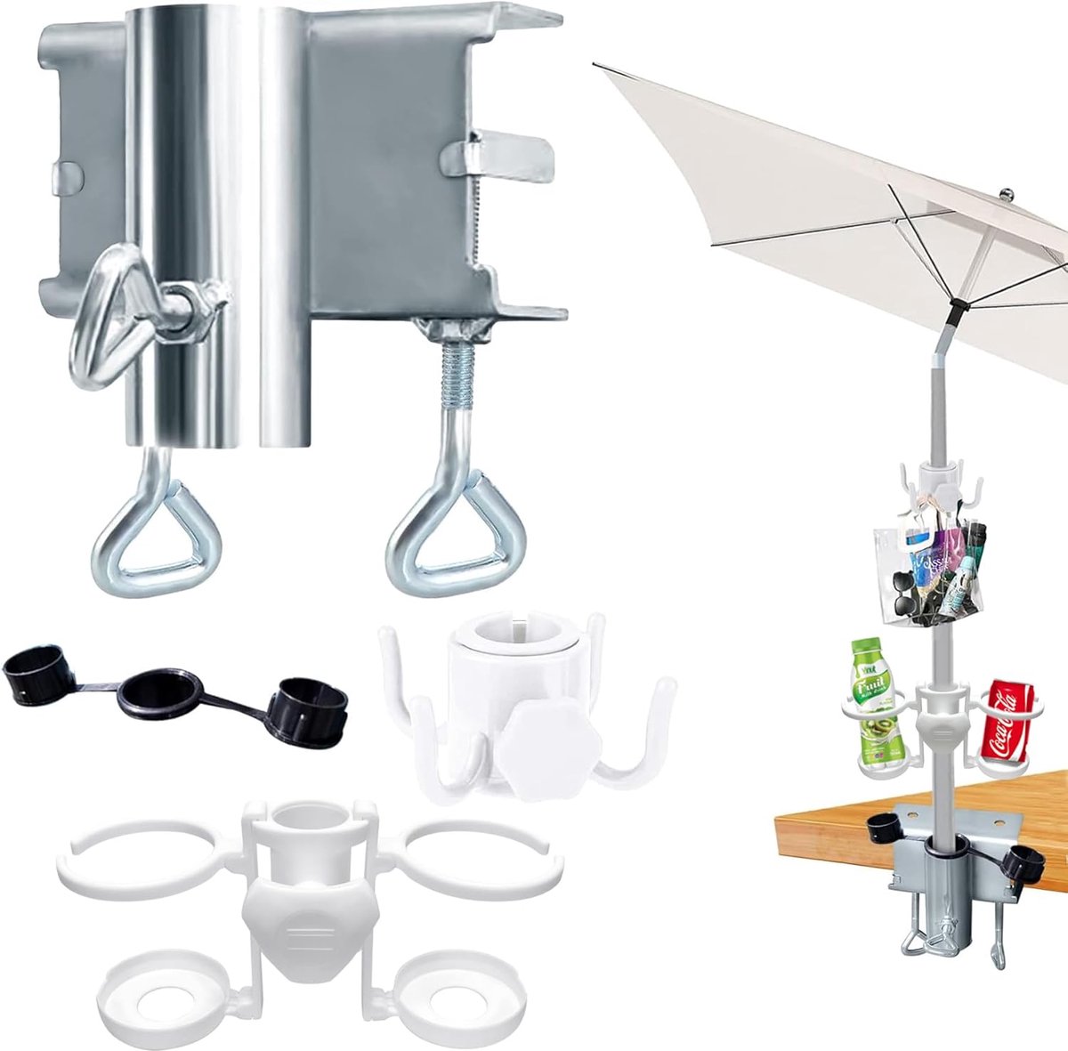 SnelShoppen - Metaal Parasolhouder Tafel Klem voor Tuinschermen met Haken - Parasolstandaard voor Terras, Tuin, Balkon - Verstelbare Zonnenschermhoude