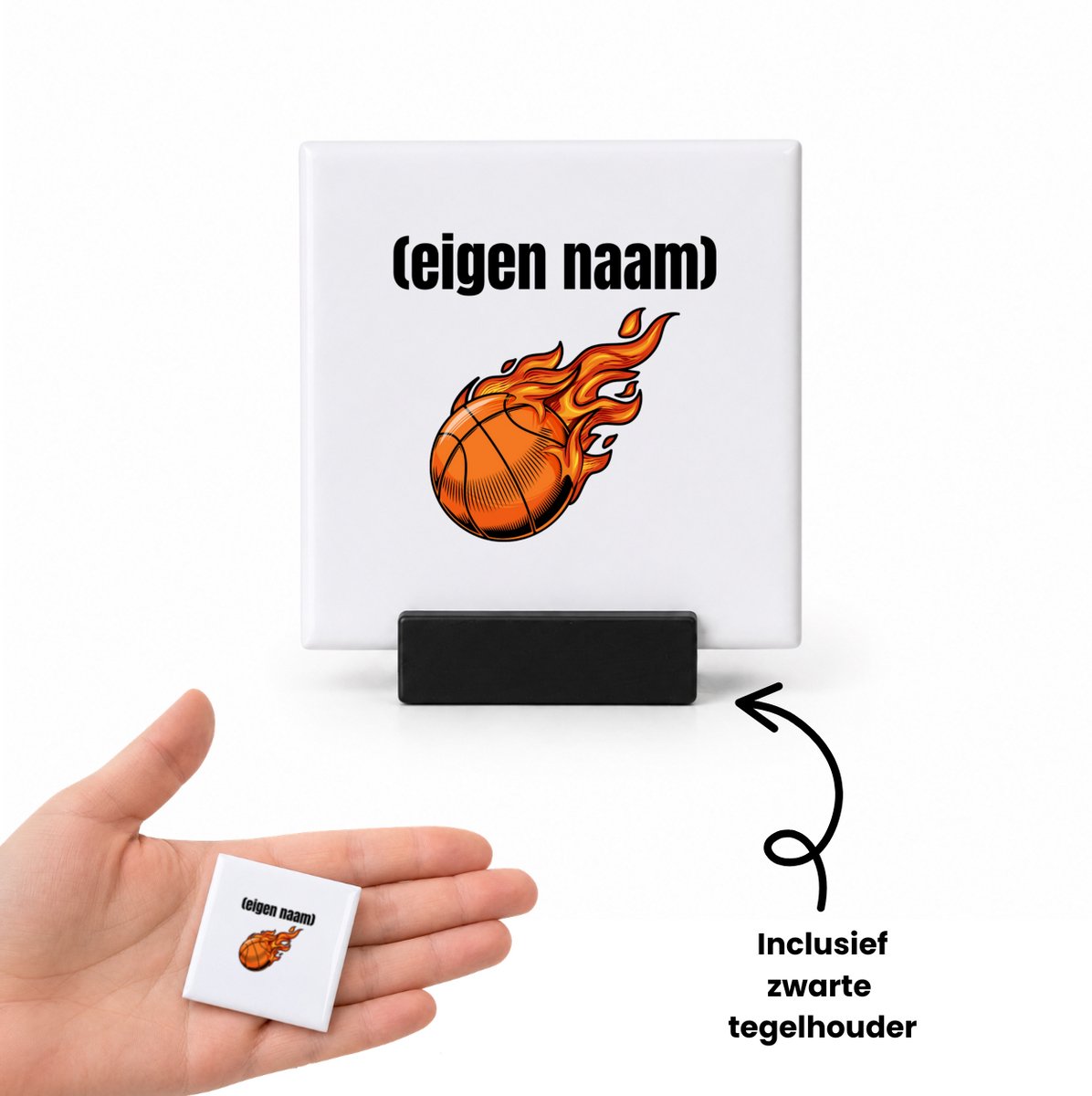 Hacebo basketbal vuur met eigen naam tegeltje met tegelhouder - Basketbal - iemand die op basketbal zit - tegeltjes met tekst - sport - verjaardag cadeau - kado - bal - wedstrijdsport - spreuktegels - 4.8x4.8 CM Wit