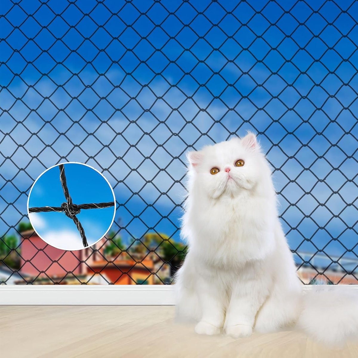SnelShoppen - Kattennet voor Balkon 8 x 3 m, Draadversterkt, UV-bestendig, Weerbestendig, Sterk en Duurzaam, Inclusief 25 m Bevestigingstouw, Geschikt