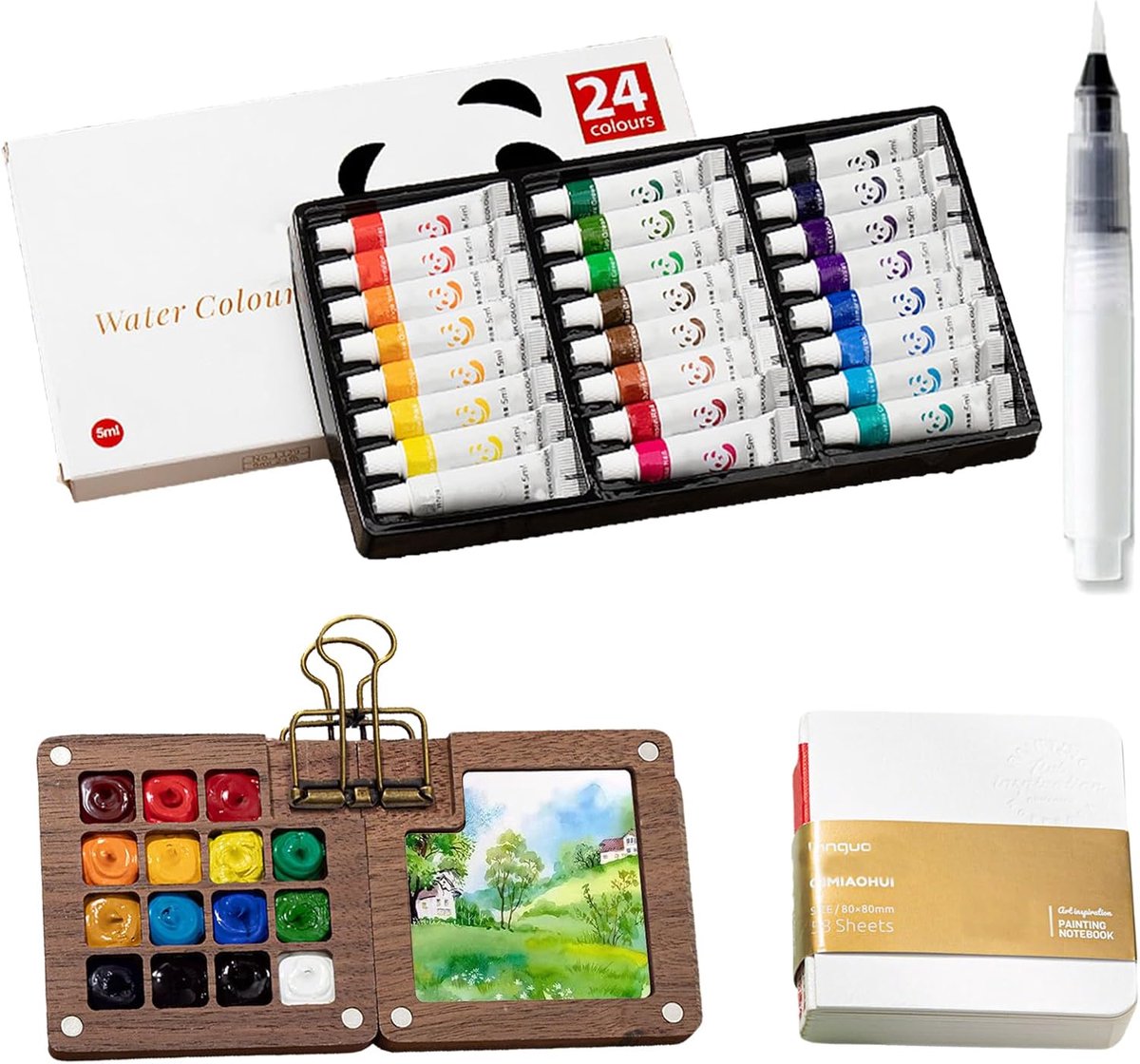 SnelShoppen - Mini Waterverfset 15 Grids, 24 Kleuren, Tekenboek, Penselen en Map, Reisset, Draagbaar, Vouwbaar, Perfect voor Kinderen en Creatieve Rei