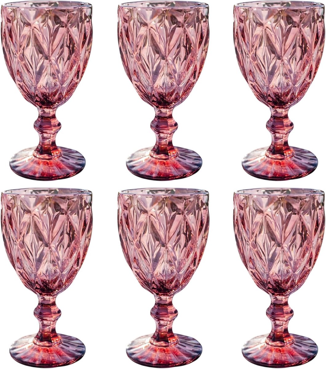 Thijox - Vintage 6-delige set Rombus wijnglazen, waterglazen en longdrinkglazen in paars, ideaal voor feest, keuken, tuin en speciale gelegenheden