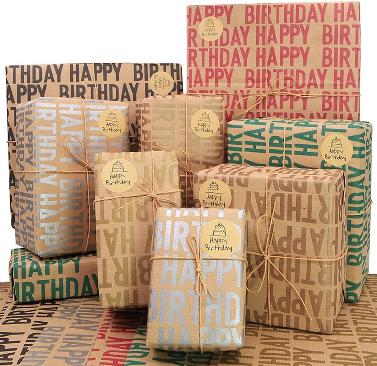 SnelShoppen - Kraft Papieren Verjaardagscadeaupapier Set - 12 Vellen 70x50cm Bruin Inklapbaar Papier met Jute Touwen, Stickers en Strikken voor Alle V
