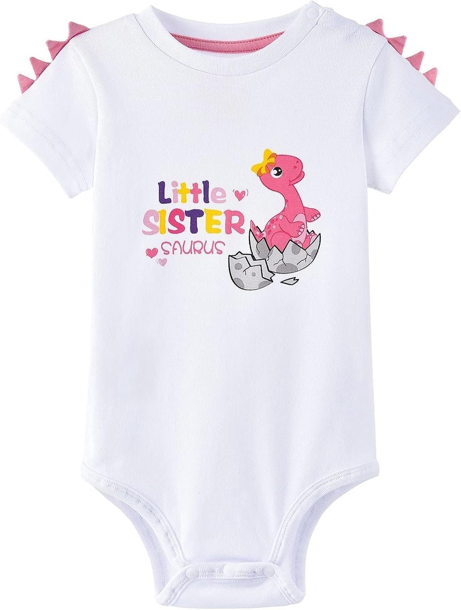 SnelShoppen - Baby Romper Dinosaur Short Sleeve Bodysuit voor Meisjes, Wit, 3-6 Maanden, Schattig en Comfortabel, Perfect voor Feestjes, Speeltijd en