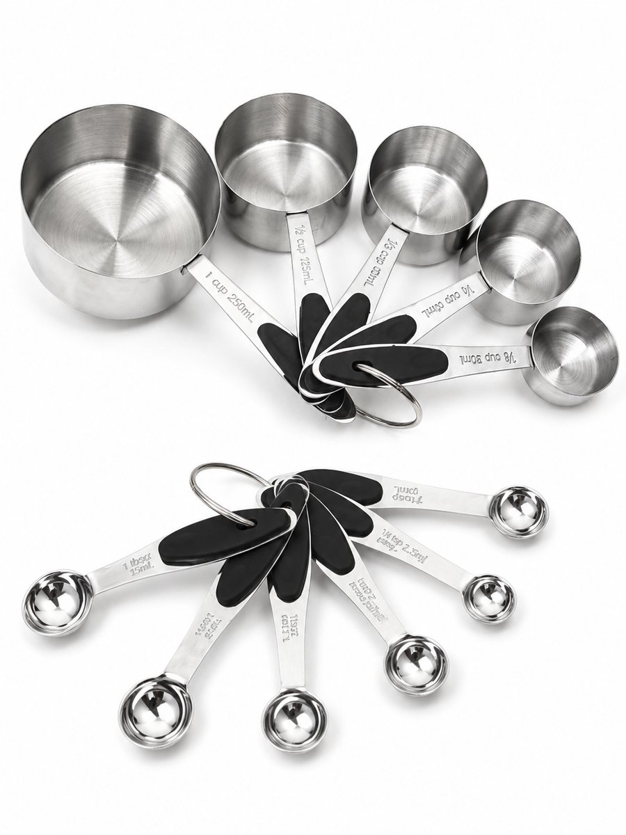 ZoeZo 10-delige Maatlepels & Maatbekers Set - RVS Measuring Cups and Spoons - Maatschepjes incl inhoudsmaten - Anti-slip Handvatten - Stapelbaar en Vaatwasserbestendig