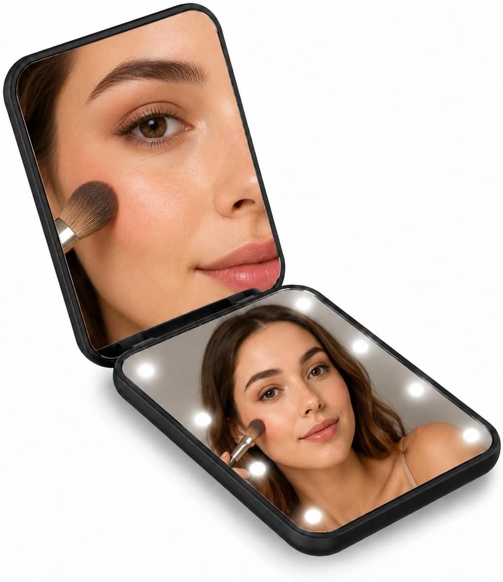 LED Reisspiegel - Compact opvouwbare make-upspiegel - Dubbelzijdig 1x en 2x Vergrotende Zakspiegel - Make-up Spiegel met Verlichting - zwart