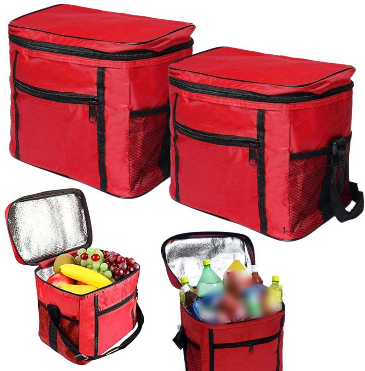 2 stuks Geïsoleerde tassen - Picknicktas - Opbergtas van Oxford stof - Afhaalzak - Draagtas - Geïsoleerde koelpack - Opvouwbaar - Folievoering - Verstelbare schouderriem - Voor koude dranken, snacks, fruit, maaltijden (27*17*24 cm - Rood)