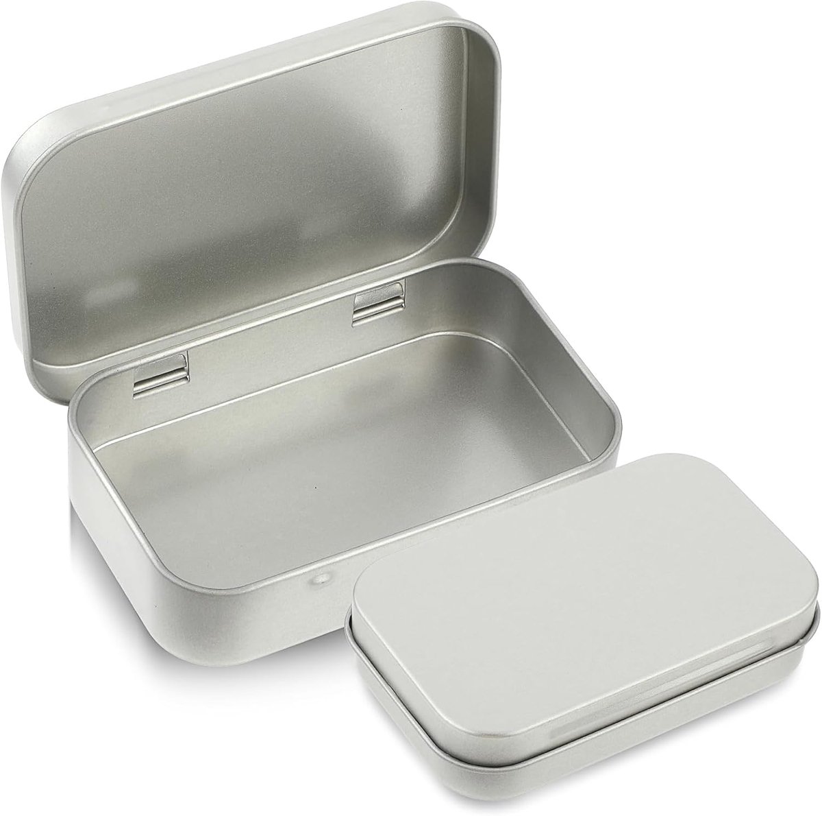 SnelShoppen - Kleine metalen blikken met deksel - Rechthoekige lege scharnierdoos voor munten, Altoids, snoepjes, sleutels, oorbellen, sieraden (Zilve