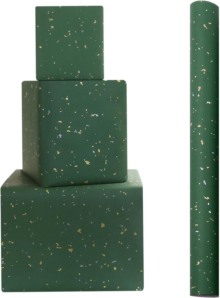SnelShoppen - Metallic Gold en Silver Irregular Foil Dots op Donkergroen Cadeaupapier - 1 Mini Rol 43 x 300cm - Luxe Inpakpapier voor Verjaardag, Brui