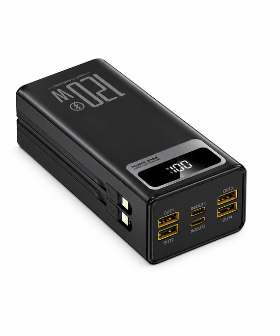 Zwarte powerbank met 4 USB-uitgangen (OUT1-4) en 2 IN/OUT-poorten. LED-display toont 100%. 120W Fast Charging.