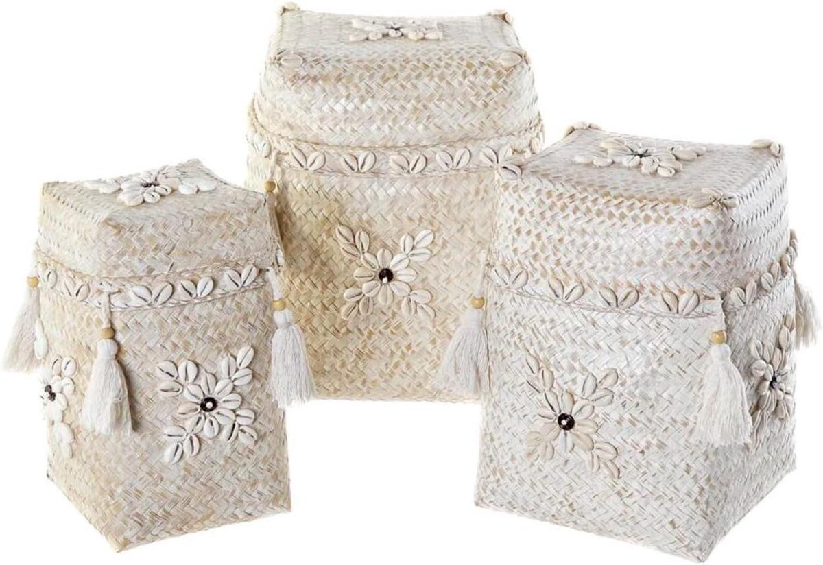 Mandenset - Opbergmanden - Huis Decoratie - Bamboe en Schelpen - 33 x 53 x 27 cm - Wit