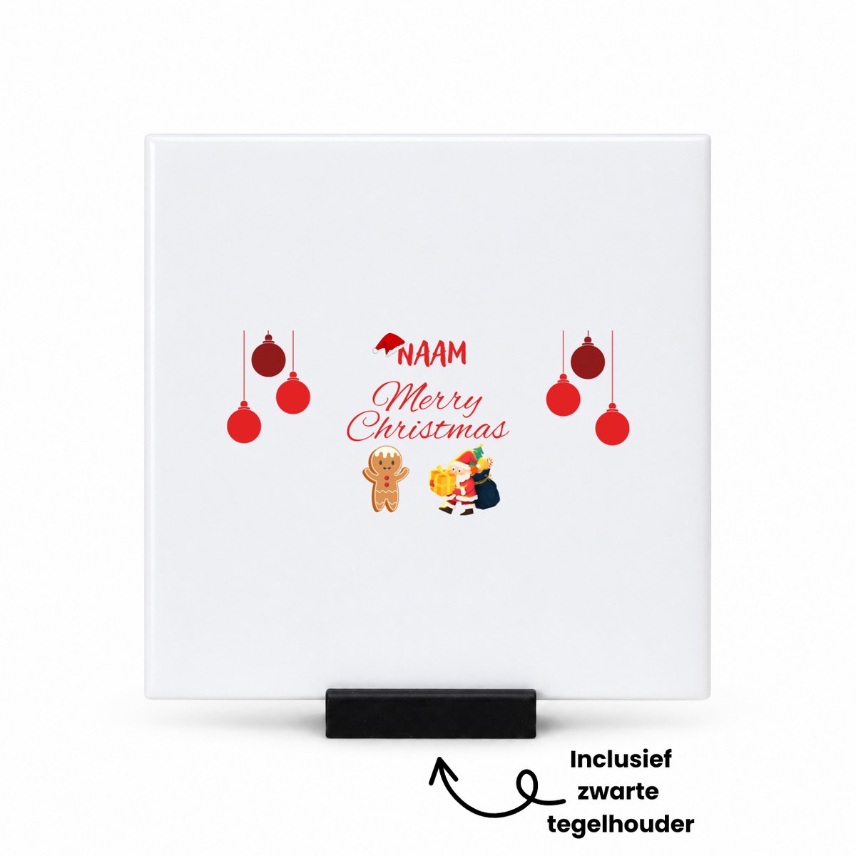 Hacebo Kerst merry christmas met eigen naam tegeltje met tegelhouder - Kerstmis - Kerst beker - tegeltjes met tekst - winter - kerst - christmas - kerst cadeau - spreuktegels - 10.8x10.8 CM Wit