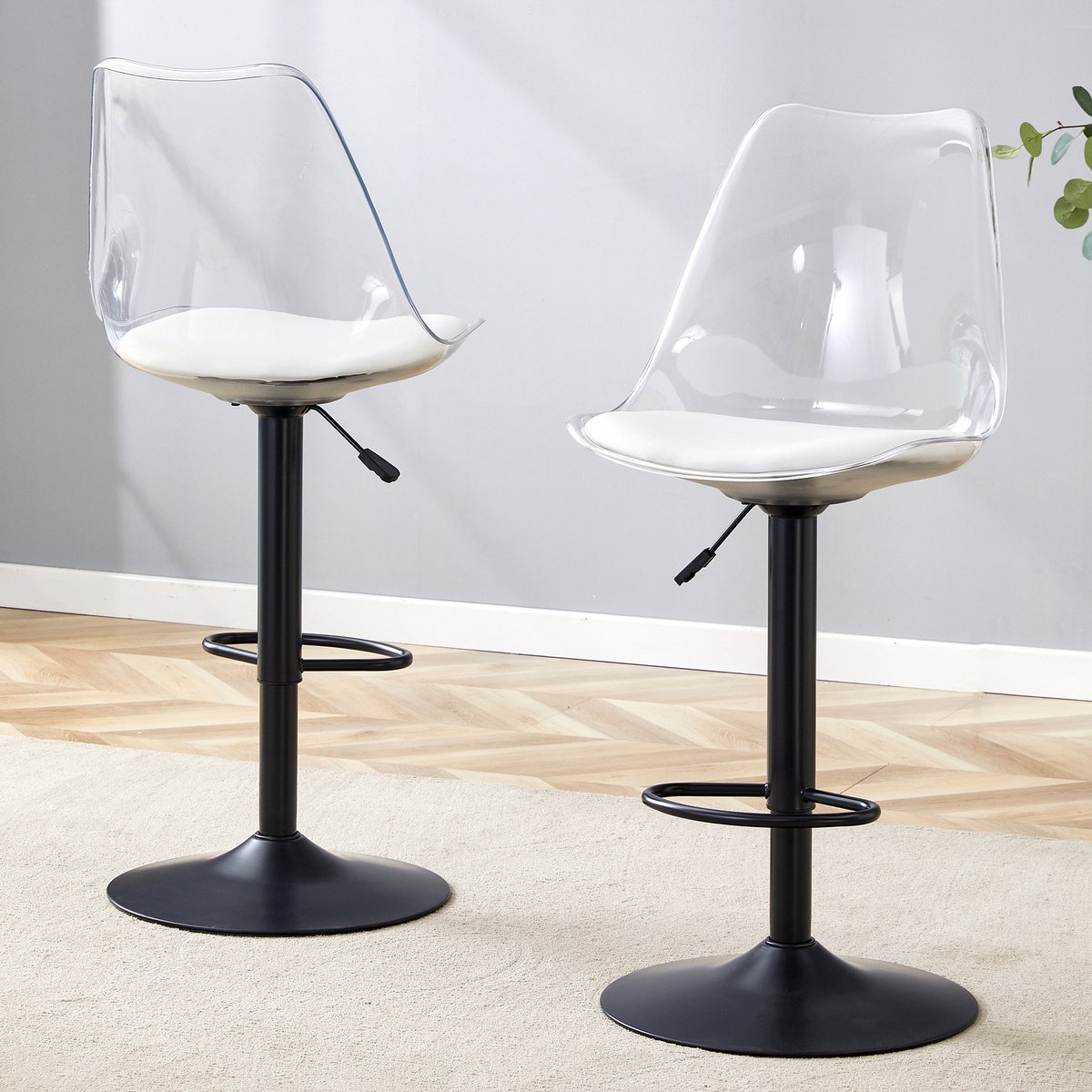 MODENUIT Barkruk 60-80 cm - Verstelbaar en Draaibaar - Keuken en Bar - Kunstleer - Zwart Transparant Wit