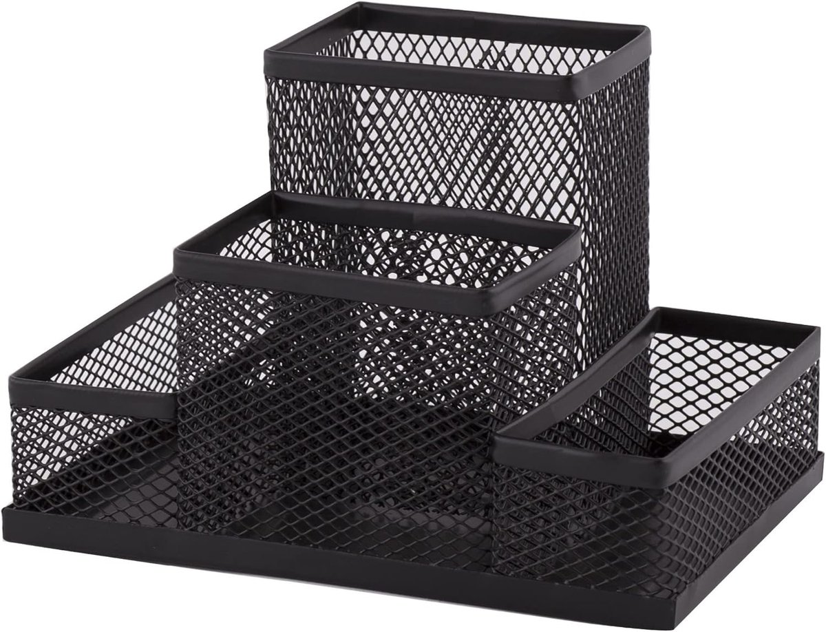 Pennenshouder en bureauorganizer van metaal - Compacte tafelorganisatie met notitiehouder - 103 x 154 x 103 mm, zwart