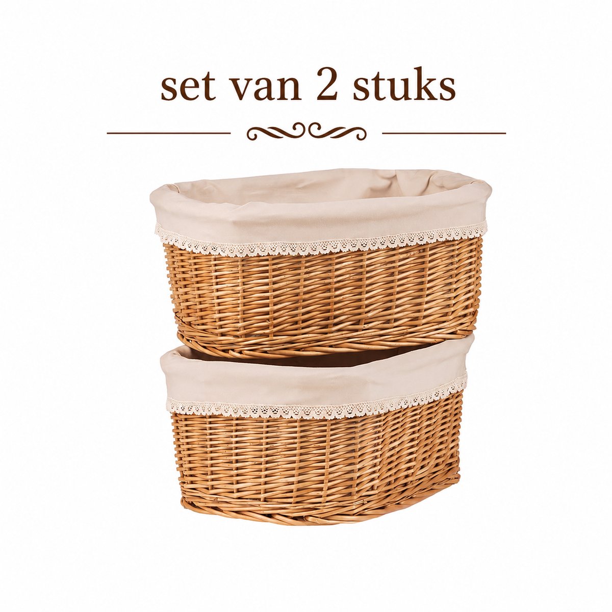 TheWickerStories Home - Wicker Opbergmanden Set van 2 - Kastmand voor Plank - Met Stoffen Voering - Handgemaakt van Natuurlijk Wilgenteen