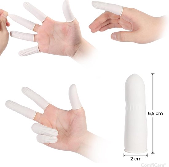 Witte vingercondooms op vingers. Afmetingen: 6,5 cm lengte, 2 cm diameter.