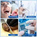 Collage: Tandarts met roze vingercondooms, laboratorium met vingercondooms, keuken met zwarte handschoenen en een processor met witte vingercondooms.