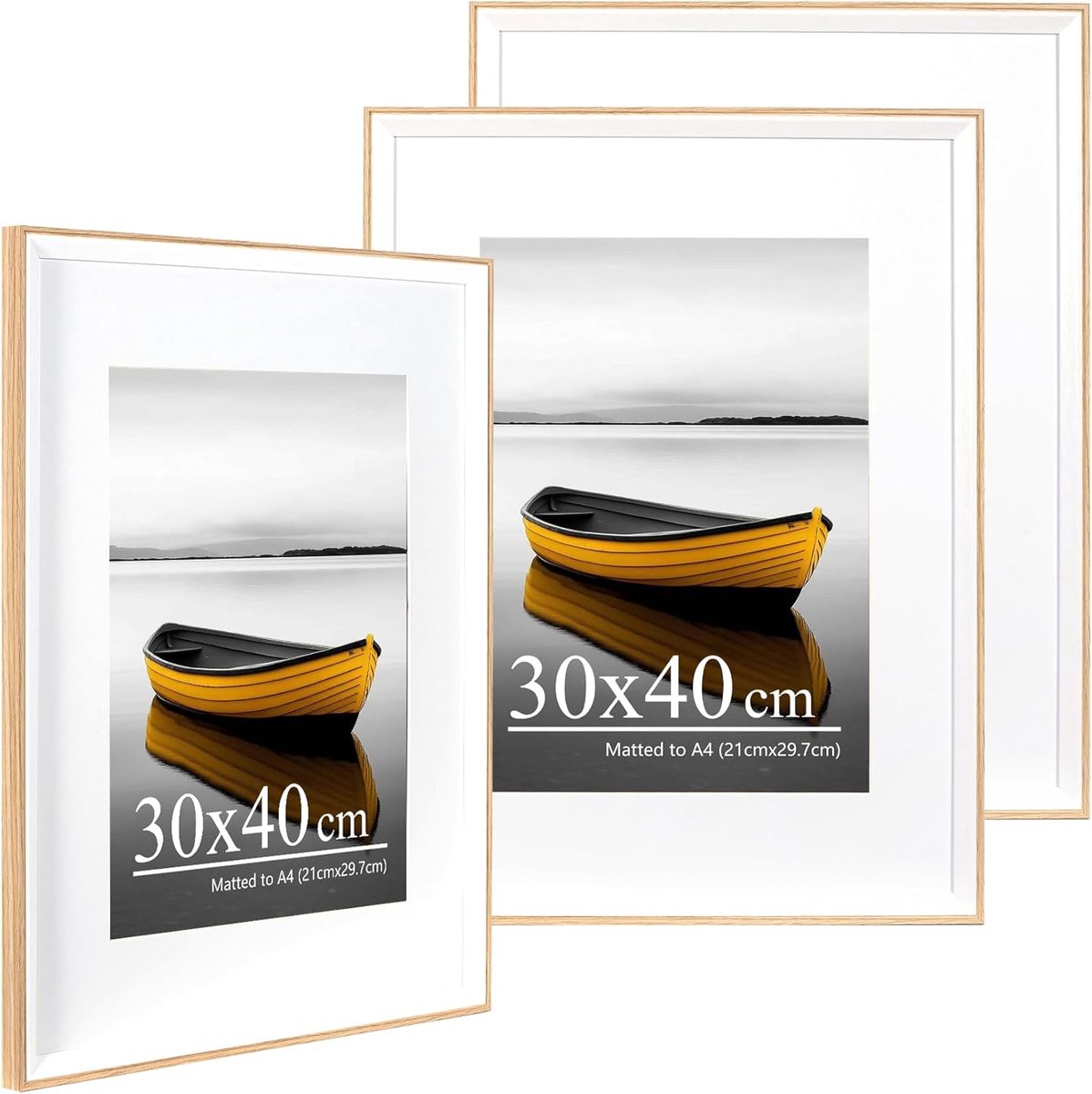 SnelShoppen - Set van 3 Oak White Two-Tone Fotolijsten 30x40cm met A4 Passepartout, Wandmontage, Certificaatlijst met Acrylglas, Modern en Stijlvol