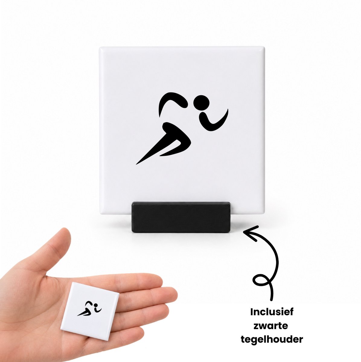 Hacebo Atletiek tegeltje met tegelhouder - Atletiek - Sportiefste sporter - tegeltjes met tekst - Hardlopen sleutelhanger - Cadeau - Atletiek - Sport - spreuktegels - 4.8x4.8 CM Wit