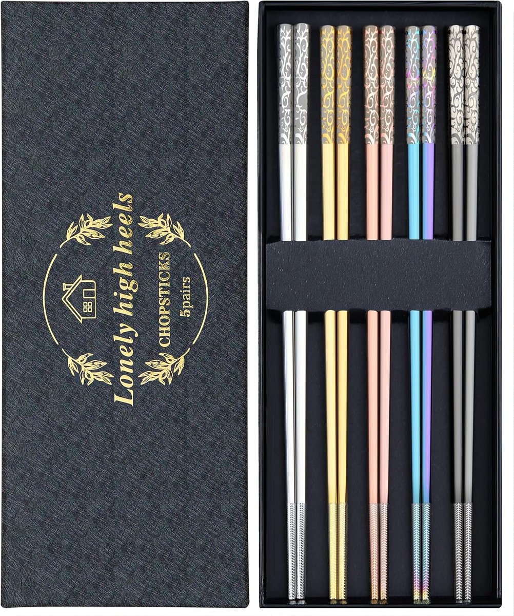 SnelShoppen - Multicolor RVS Eetstokjes Set - 5 Paar Herbruikbare Chopsticks - Lichtgewicht 23.5 cm - Geschikt voor Vaatwasser - Perfect voor Japanse,