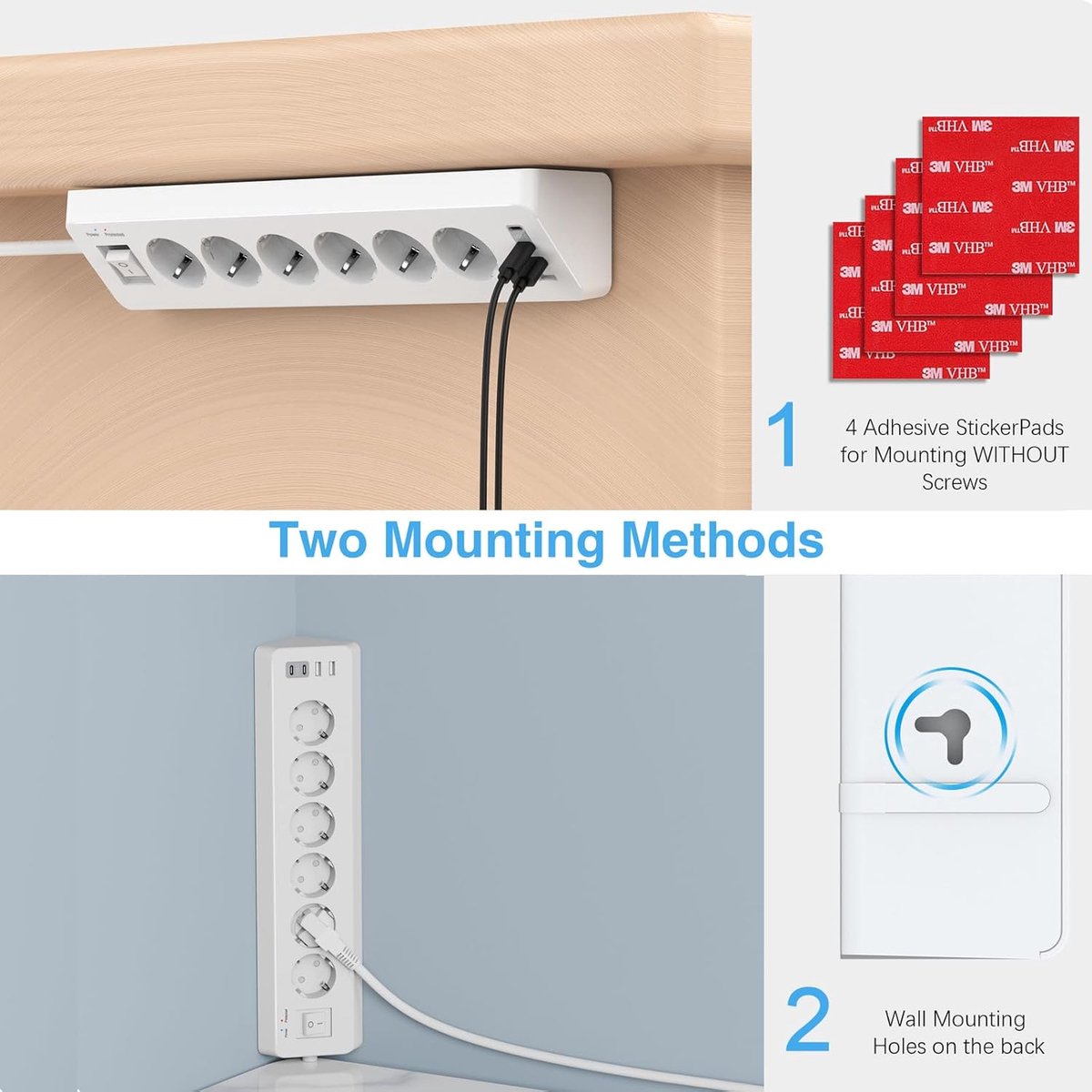 SnelShoppen - Hoekstopcontact met 6 Sockets en 4 USB Poorten (2x USB-C) - Stekkerdoos met Schakelaar, Overspanningsbeveiliging, 2m Kabel, Ideaal voor