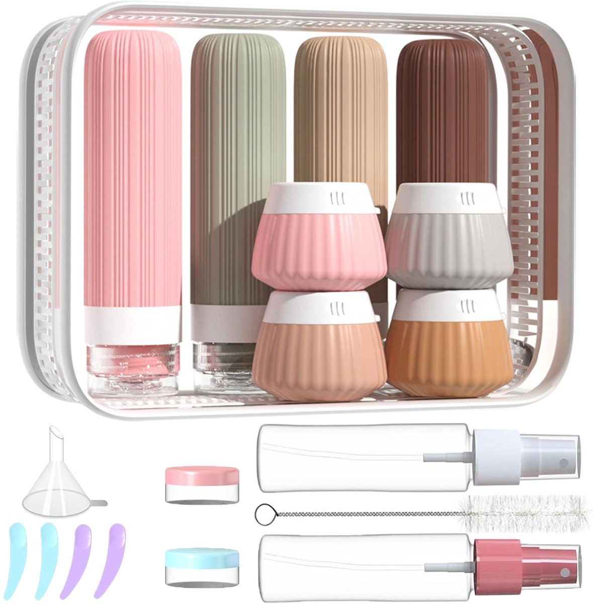 MONTKIARA Reisflesjes Set – 18 Delig – Siliconen Navulbare Reisflesjes – TSA Goedgekeurd – Reisaccessoires voor Vloeistoffen