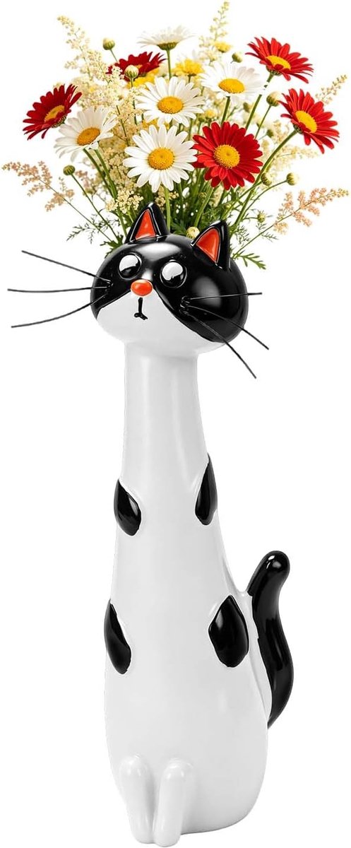SnelShoppen - Handmade Cat Vase, Creatieve Bloemenvaas, Keramiek, Zwart-Witte Kat Vaas voor Decoratie in Woonkamer, Kantoor, Slaapkamer, Perfect voor