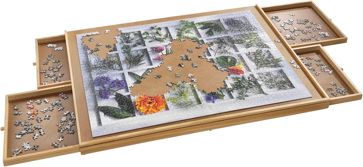 SnelShoppen - Puzzeltafel met 4 lades 90x67cm van hout - Ideaal voor puzzelen, met verhoogde rand en gelakte afwerking