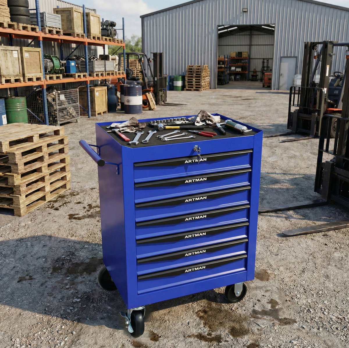 MODENUIT Gereedschapskar - 7 Lades Met Slot En Wielen - Voor Garage En Werkplaats - Staal - Zwart Blauw