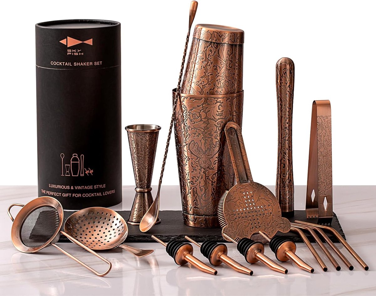 Thijox - Boston Cocktailshaker-set 18-delig met 3D-reliëf, Professionele Barmanset voor Cocktailliefhebbers, Antiek Koper, Handwas, Perfect voor Feest