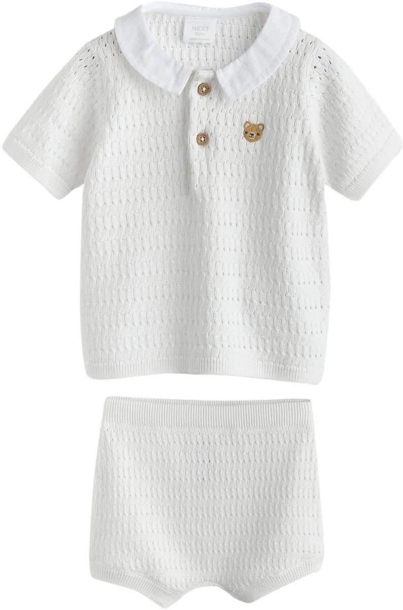 Next - Jongens - Set voor baby's met gebreide top met kraag en korte broek - Wit