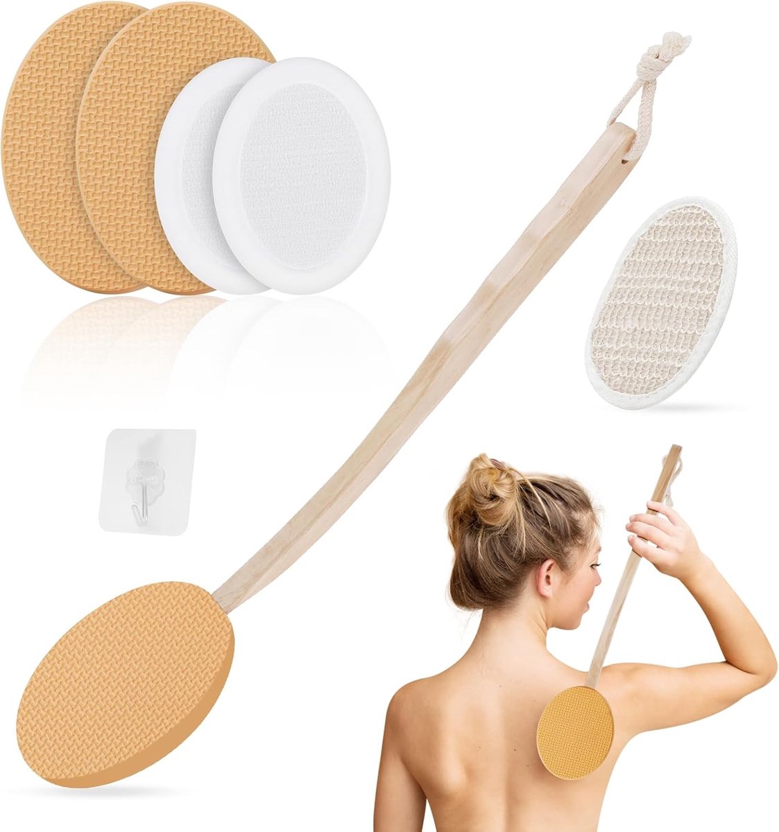 SnelShoppen - LOPHE Crème-applicator voor de rug - 7 stuks lotionapplicator met lange steel, 2-in-1 lichaamsborstel, badborstel, Beige, EVA, henn