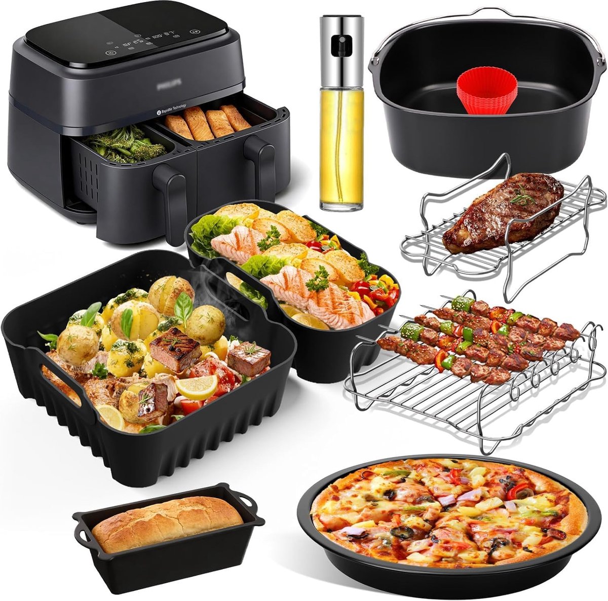 SnelShoppen Airfryer Accessoires voor Dual Basket 3000 Serie Siliconen Vorm Grillrooster Pizzaplaat en Broodvorm 9L Geschikt voor Keuken Fees