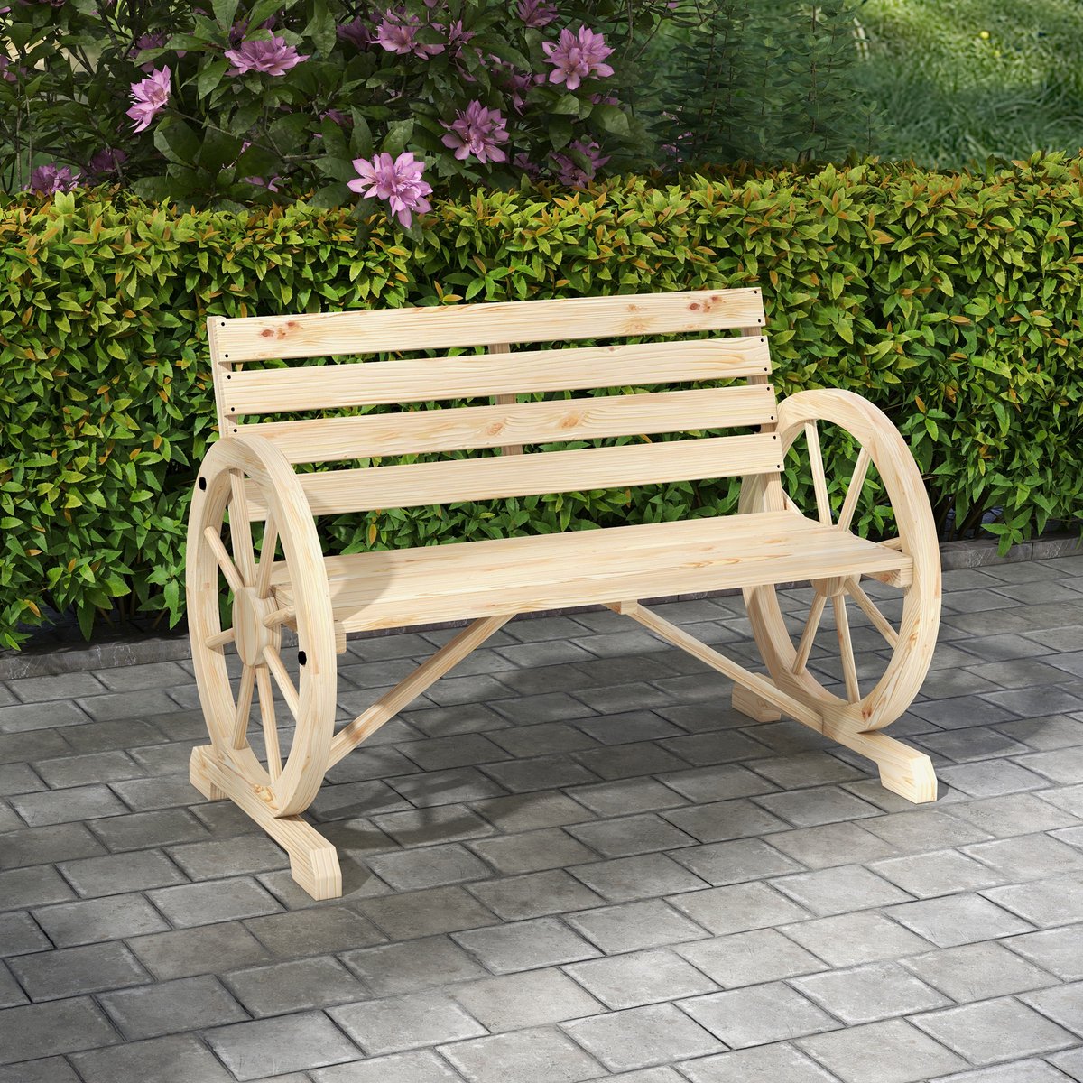 FloraGrace Tuinbank 2-Zits 105,5 cm - Met Armleuningen En Wagenrad Design - Voor Tuin, Terras Of Patio - Massief Hout - Naturel