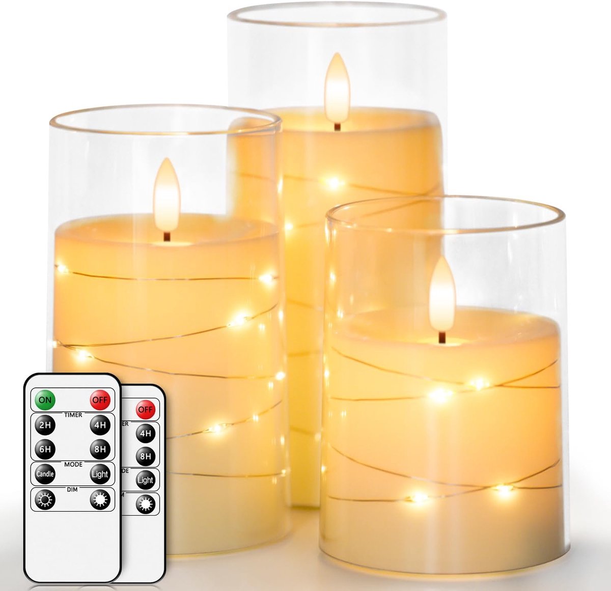Thijox - Ledkaarsen Set van 3 in Acryl Glas met Bewegende Lont en Dansende Vlammen, Flikkerende Vlamloze Kaarsen met Timerfunctie en Afstandsbediening