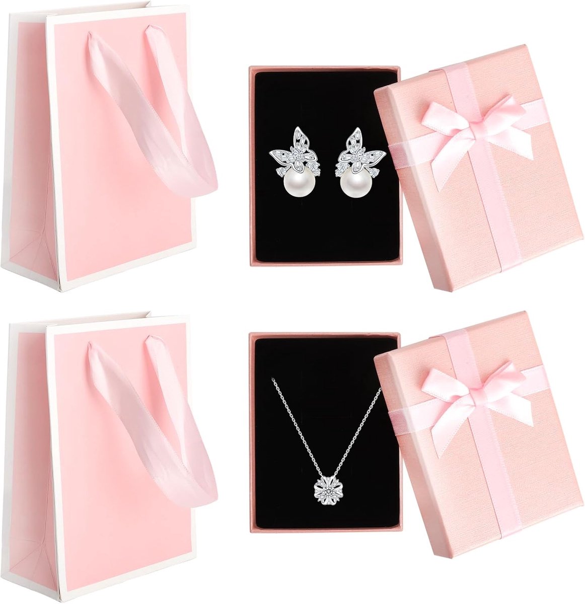SnelShoppen - 2 Stuks Roze Sieradendoosjes met Geschenkzakje, Kleine Geschenkdozen voor Oorbellen, Ringen, Halskettingen, Met Deksel, 9 x 7 x 3 cm, Pe