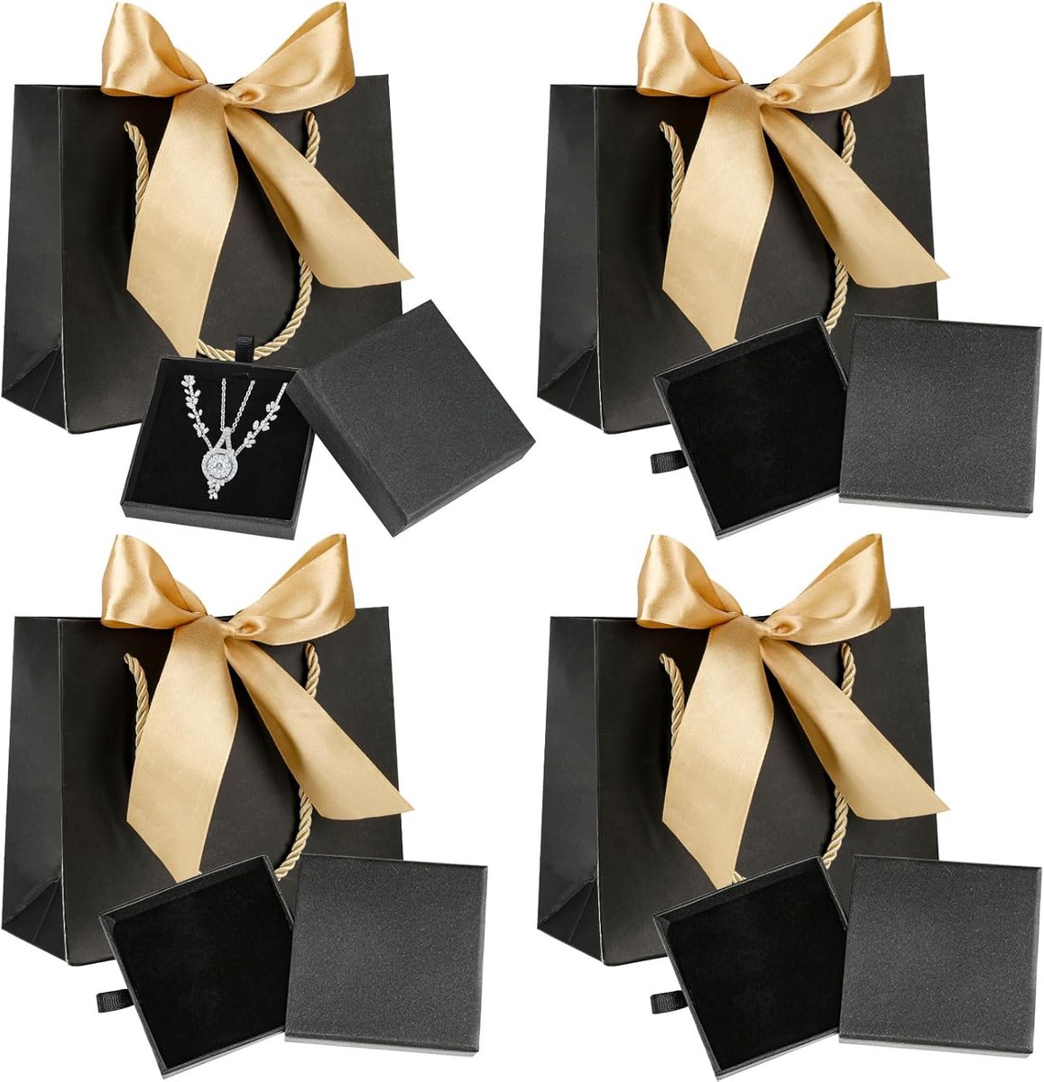 SnelShoppen - 4 Stuks Sieradendoosjes met Geschenkzakjes - Zwarte Sieradenverpakking met Deksel voor Ringen, Halskettingen, Oorbellen - Perfect voor C
