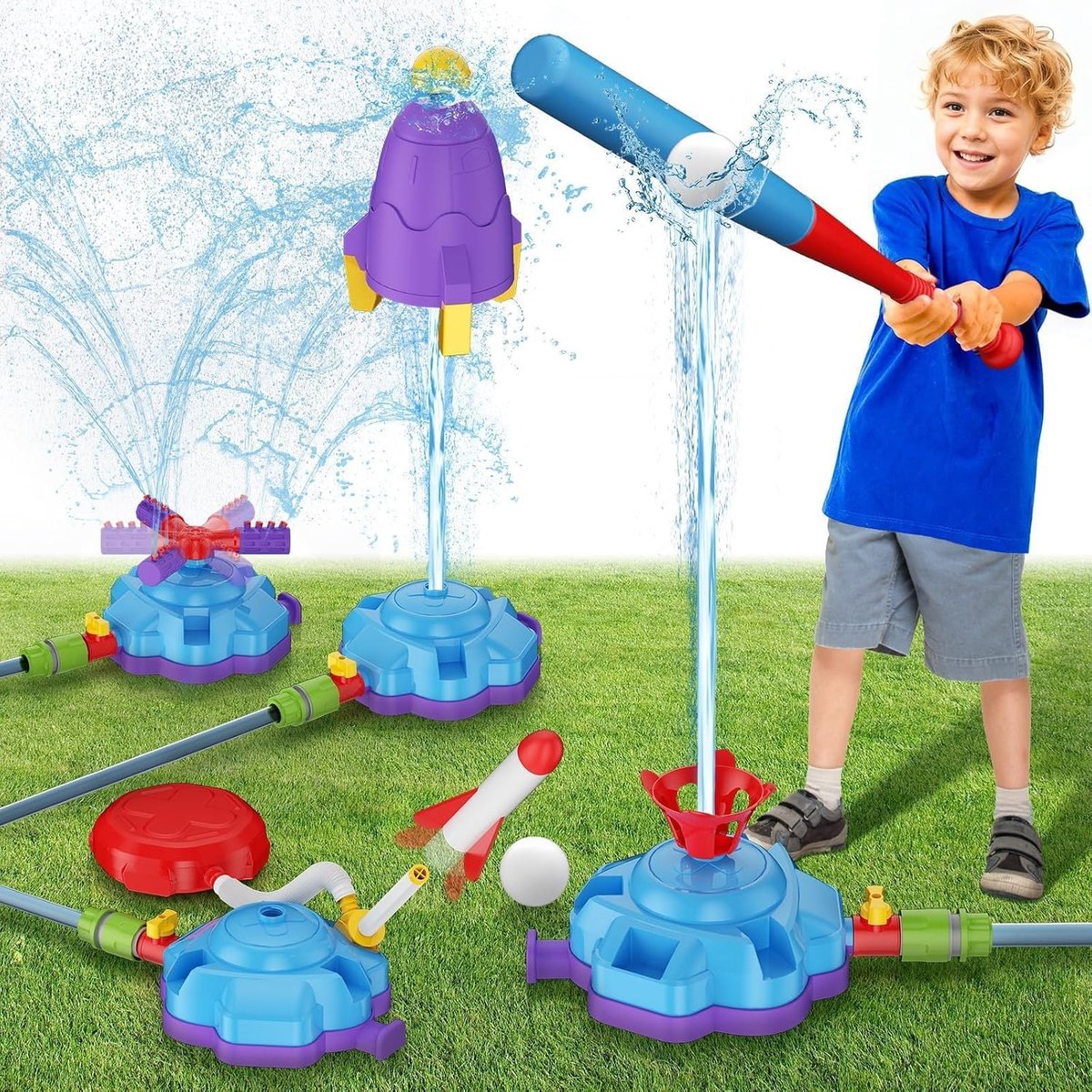 SnelShoppen - 4-in-1 Waterspeelgoed voor Kinderen, Outdoor Tuin Spel met Waterraket, Waterbaseball, Draaibare Watersproeikop en 360° Watersproeier voo