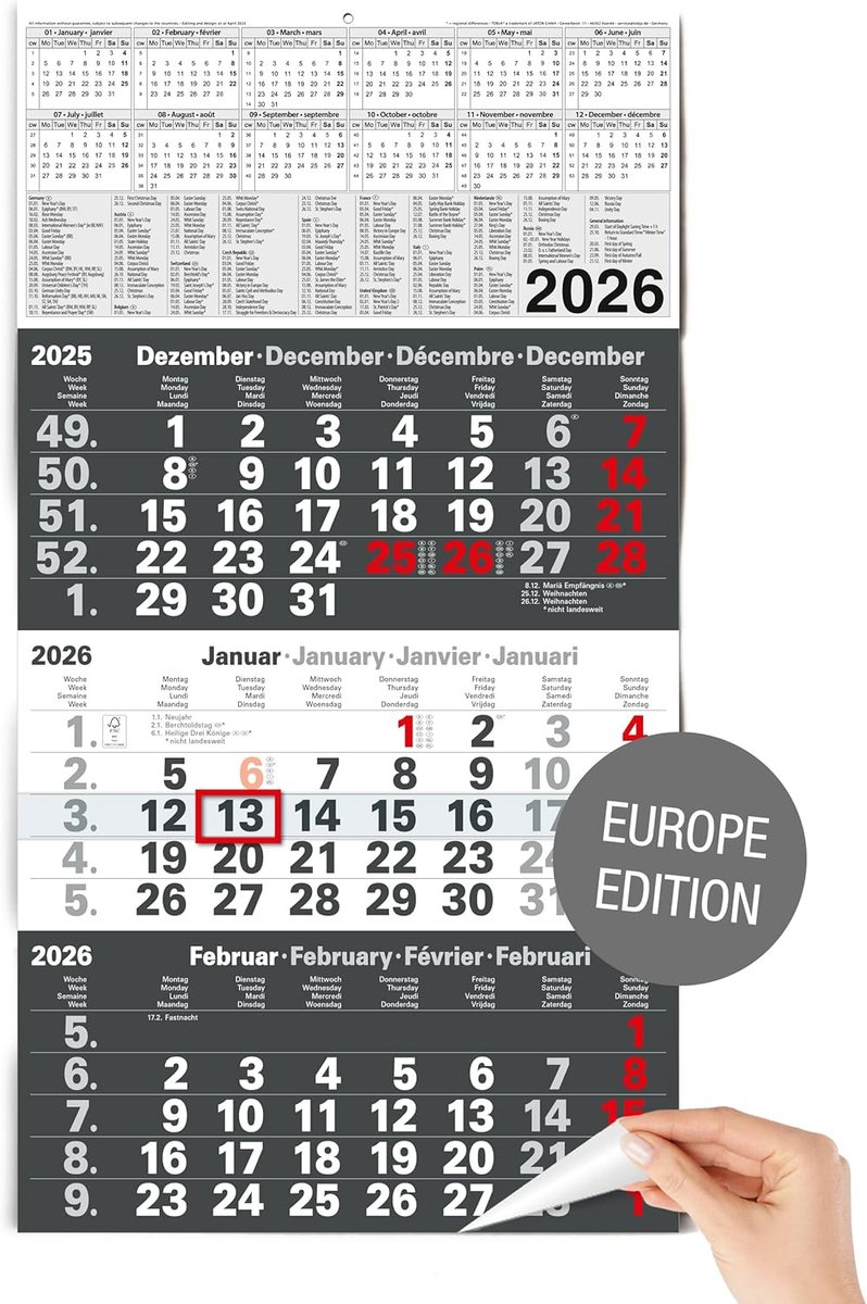 SnelShoppen - Wandkalender 2026 - 3-Maanden Overzicht met Datumschuiver - Antraciet - Groot Formaat 30 x 56 cm - FSC-gecertificeerd Papier voor Thuis